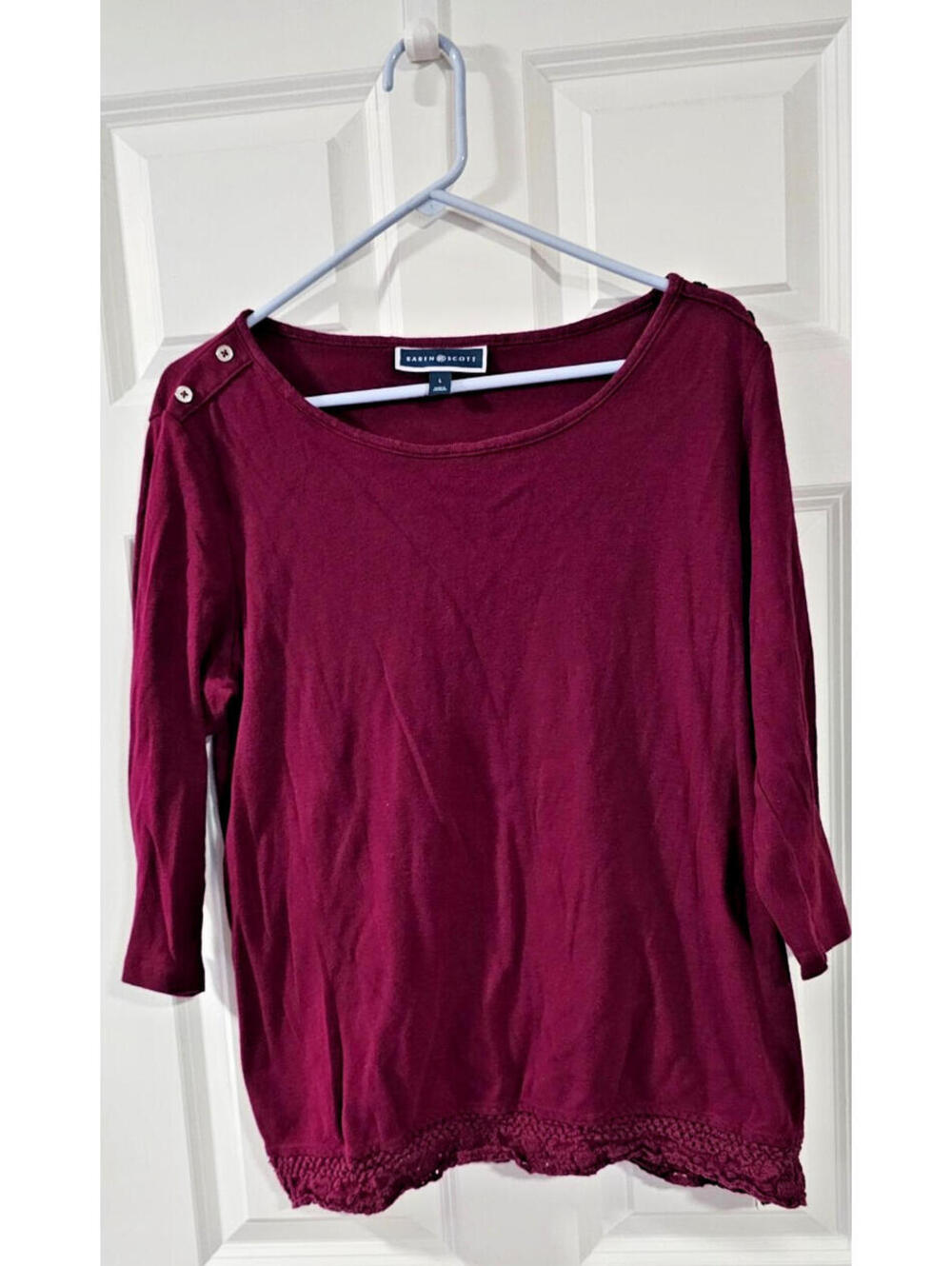Karen Scott Burgundy  3/4 Sleeve Top with Crochet Trim Size large